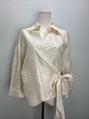 Vintage Chetta B Evening Silk Crinkle Wrap Shirt Blouse Top Womens 14 Cream